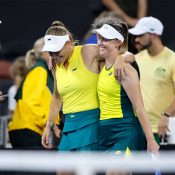 April 10: Storm Hunter (AUS) and Ellen Perez (AUS) during the 2025 Billie Jean King Cup Qualifiers at Pat Rafter Arena in Brisbane, Queensland on Thursday, April 10, 2025. Photo by Josh Woning