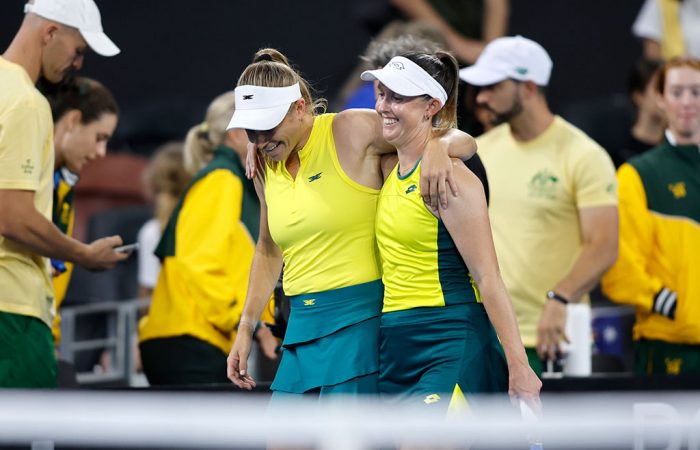 April 10: Storm Hunter (AUS) and Ellen Perez (AUS) during the 2025 Billie Jean King Cup Qualifiers at Pat Rafter Arena in Brisbane, Queensland on Thursday, April 10, 2025. Photo by Josh Woning