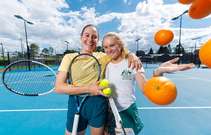 Emerson Jones and Kimberly Birrell at Billie Jean King Cup Kimberly Birrell (L) with team Orange Girl Emerson Jones ahead of the 2025 Billie Jean King Cup Qualifiers in Brisbane (photo: Josh Woning)