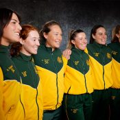 The Australian Billie Jean King Cup team of (L-R) Ajla Tomljanovic, Maya Joint, Sam Stosur, Storm Hunter, Kimberly Birrell and Ellen Perez ahead of the 2025  Qualifiers at Pat Rafter Arena in Brisbane. (Photo: Josh Woning)