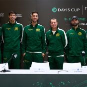Australia's Davis Cup team of (L-R) Matt Ebden, Alexei Popyrin, Thanasi Kokkinakis, captain Lleyton Hewitt, Jordan Thompson and Max Purcell. [Getty Images]