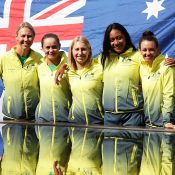 The Australian Fed Cup team of (L-R) Alicia Molik, Ash Barty, Daria Gavrilova, Destanee Aiava and Casey Dellacqua at the draw ceremony for the Australia v Ukraine tie in Canberra; Getty Images