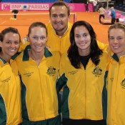 The Australian Fed Cup team (L-R Casey Dellacqua, Sam Stosur, captain David Taylor, Jarmila Gajdosova and Olivia Rogowska) during their World Group Play-off tie against Germany in Stuttgart on 21-22 April 2012; Tennis Australia