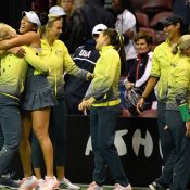 The Australian Fed Cup team celebrates its victory over the US in Asheville, North Carolina in February 2019 (Getty Images)