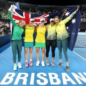 The Australian Fed Cup team celebrates its 3-2 semifinal victory over Belarus in Brisbane (Getty Images)