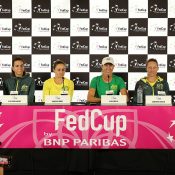 The Australian Fed Cup team of (L-R) Priscilla Hon, Ajla Tomljanovic, Ash Barty, Alicia Molik, Sam Stosur and Astra Sharma speak to the press ahead of the 2019 final against France in Perth. (Getty Images)
