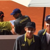 Australia's Junior Davis Cup team of (front L-R) Alex De Minaur and Blake Ellis and (back L-R) Alexei Popyrin and captain Ben Pyne at the competition finals in Madrid, Spain; Tennis Australia