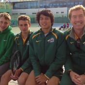 Australia's Junior Davis Cup team of (L-R) Marc Polmans, Oliver Anderson, Akira Santillan and captain Mark Woodforde at the Asia/Oceania Final Qualifying event in Gimcheon, South Korea; Tennis Australia