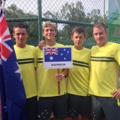 Australia's Junior Davis Cup team of (L-R) Oliver Anderson, Max Purcell, Alex De Minaur and captain Jarrad Bunt at the 2014 Asia/Oceania qualifying event in Kuching, Malaysia