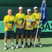 Australia's Junior Davis Cup team of (L-R) captain Bernhard Goerlitz, Cooper White, Shuannon Tricerri and Philip Sekulic.