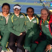 Australia's Junior Fed Cup team of (L-R) Olivia Tjandramulia, Kimberly Birrell, Naiktha Bains and captain Louise Pleming at the Asia/Oceania Final Qualifying event in Gimcheon, South Korea; Tennis Australia