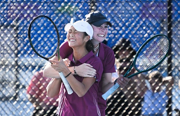 June 30: Doubles decider U15 Girls - Georgia Campbell (QLD, right) and Gina Cha (QLD) celebrating their win during the Australian Teams Championships at KDV Tennis Centre, Gold Coast. Photo by TENNIS AUSTRALIA / DAN PELED