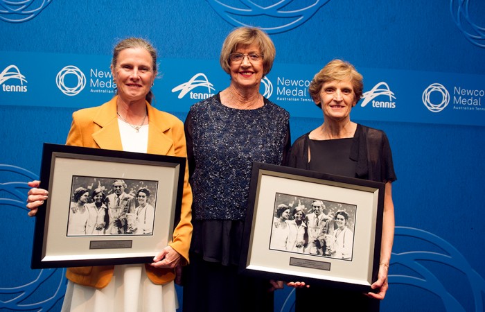 Australian Tennis Award winners Australia's 1974 Fed Cup team of Dianne Balestrat (L) and Janet Young (R) are presented with commemorative prints by Margaret Court at the Newcombe Medal Australian Tennis Awards in honour of the 40th anniversary of their triumph; Elizabeth Xue Bai