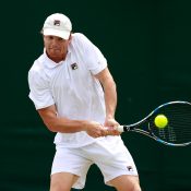 Matt Barton in action during his marathon first-round victory over Albano Olivetti
