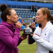 Casey Dellacqua (L) and Ash Barty celebrate their triumph in Birmingham, one of their three WTA titles in 2017; Getty Images