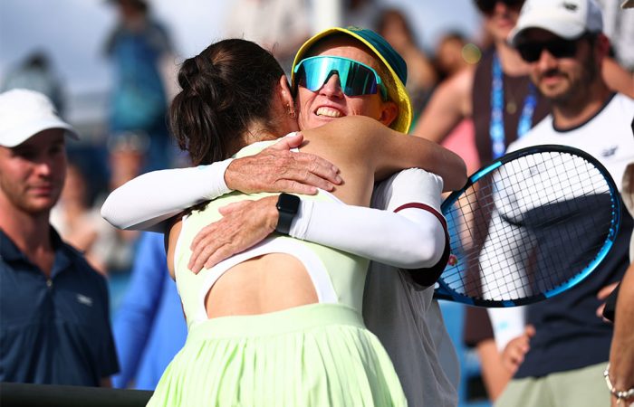 250109 AUSTRALIAN OPEN January 9: Kimberly Birrell (AUS) celebrates her win in the final qualifying round match at the Australian Open with a hug from Nicole Pratt on Court 3 at Melbourne Park on Thursday, January 9, 2025. Photo by TENNIS AUSTRALIA/ JOSH CHADWICK
