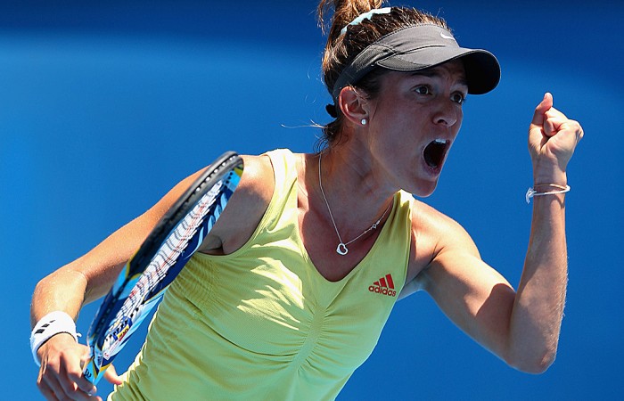 Bojana Bobusic of Australia celebrates winning a point in her first round match against Agnieszka Radwanska of Poland during day one of the 2013 Australian Open at Melbourne Park on January 14, 2013 in Melbourne, Australia; Getty Images Bojana Bobusic of Australia celebrates winning a point in her first round match against Agnieszka Radwanska of Poland during day one of the 2013 Australian Open at Melbourne Park on January 14, 2013 in Melbourne, Australia; Getty Images