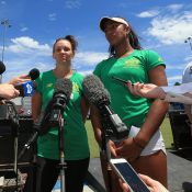 Casey Dellacqua (L) and Destanee Aiava speak to the media in Canberra ahead of Australia's Fed Cup tie against Ukraine.