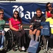 Australian wheelchair players (L-R) Janel Manns (NSW), Luba Josevski (Vic), Jerry Markoja (NSW), Sarah Calati (Vic) and Keegan Oh Chee (NSW) pose at the Chilean Open in Santiago; Tennis Australia