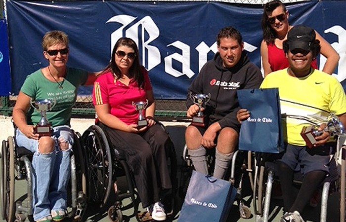 Australian Wheelchair players in Chile Australian wheelchair players (L-R) Janel Manns (NSW), Luba Josevski (Vic), Jerry Markoja (NSW), Sarah Calati (Vic) and Keegan Oh Chee (NSW) pose at the Chilean Open in Santiago; Tennis Australia