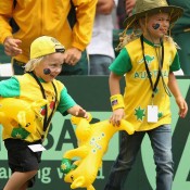 Cruz and Mia Hewitt celebrate their father, Lleyton's singles success on Day One: Getty Images