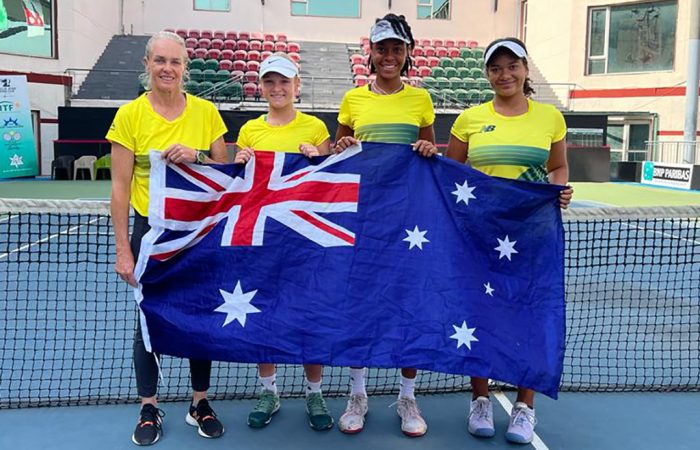 GOLD MEDALLISTS: Australia's Junior Billie Jean King Cup team in India. GOLD MEDALLISTS: Australia's Junior Billie Jean King Cup team in India. From left, coach Louise Pleming, Emerson Jones, Lily Taylor and Sarah Rokusek.