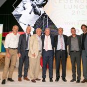 Australian Davis Cup captains Wally Masur, John Fitzgerald John Newcombe, Lleyton Hewitt and Pat Rafter celebrate with Tony Roche; Fiona Hamilton