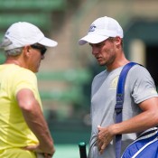 Lleyton Hewitt (R) and Tony Roche during an Australian team practice session at Kooyong Lawn Tennis Club; Elizabeth Xue Bai