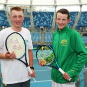 Australian Davis Cup team orange boys Edward Winter (L) and Charlie Camus (R) pose during a practice session ahead of the Davis Cup Qualifier between Australia and Hungary at Ken Rosewall Arena in Sydney, Australia. (Getty Images)