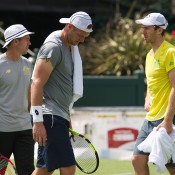 (L-R) Todd Woodbridge, Sam Groth and John Peers at an Australian team practice session at Kooyong; Elizabeth Xue Bai