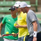 (L-R) Peter Luczak, John Peers and Sam Groth at an Australian team practice session at Kooyong; Elizabeth Xue Bai