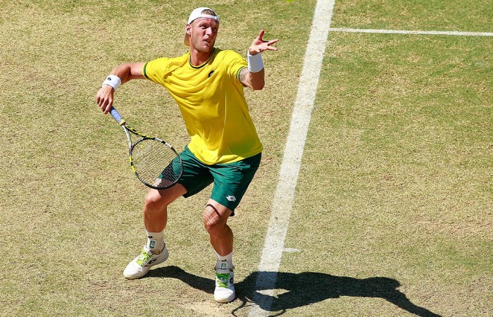 Historic day for Australia in Davis Cup Sam Groth in action during his reverse singles defeat of Mikhail Kukushkin in the Australia v Kazakhstan World Group quarterfinal in Darwin; Getty Images