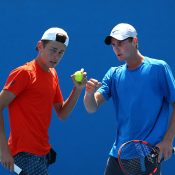 Alex De Minaur (L) and Blake Ellis in action in doubles at Australian Open 2016; Getty Images