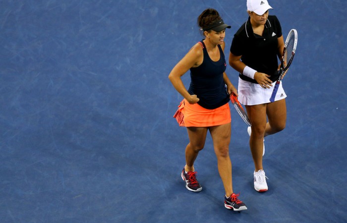Ash Barty (R) and Casey Dellacqua of Australia in action during the women's doubles final against Czechs Andrea Hlavackova and Lucie Hradecka on Arthur Ashe Stadium on Day 13 of the 2013 US Open; Getty Images Ash Barty (R) and Casey Dellacqua of Australia in action during the women's doubles final against Czechs Andrea Hlavackova and Lucie Hradecka on Arthur Ashe Stadium on Day 13 of the 2013 US Open; Getty Images