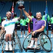 Dylan Alcott and Heath Davidson celebrate their fourth Australian Open doubles victory at AO 2021,