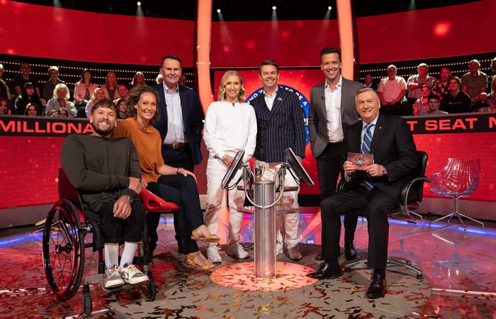 Dylan Alcott, Sam Stosur, Tony Jones, Daria Saville, Todd Woodbridge and James Bracey with Hot Seat host Eddie McGuire. Picture: Nine Network Dylan Alcott, Sam Stosur, Tony Jones, Daria Saville, Todd Woodbridge and James Bracey with Hot Seat host Eddie McGuire. Picture: Nine Network