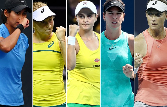 Five Australian women in WTA top 100 (L-R) Astra Sharma, Daria Gavrilova, Ash Barty, Ajla Tomljanovic and Sam Stosur (Getty Images)