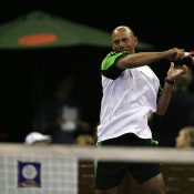 Andrew Florent takes part in the Gerard McCabe Jewellers Celebrity Tennis Challenge at the Adelaide Entertainment Centre in December 2007, an event raising funds to benefit the research work of the Bone Growth Foundation; Getty Images