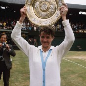 Seen here hoisting the women's singles trophy at Wimbledon in 1970, Australian legend Margaret Court produced an almost perfect season that year, winning the calendar-year Grand Slam, capturing an astonishing 21 titles and finishing the year with a win-loss record of 109-6, a success rate of .948. Court also cracked the 100+ barrier in 1973, where she went 102-5 and won three major titles; Getty Images