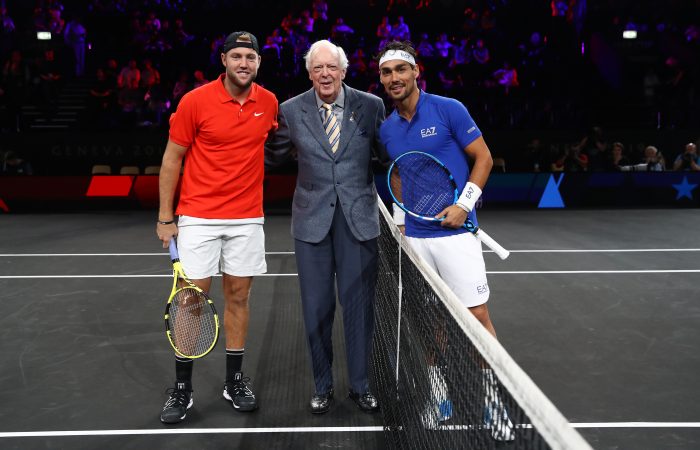 HONOURED: Australian tennis legend Fred Stolle, middle, with Jack Sock and Fabio Fognini at the 2019 Laver Cup. Picture: Getty Images HONOURED: Australian tennis legend Fred Stolle, middle, with Jack Sock and Fabio Fognini at the 2019 Laver Cup. Picture: Getty Images