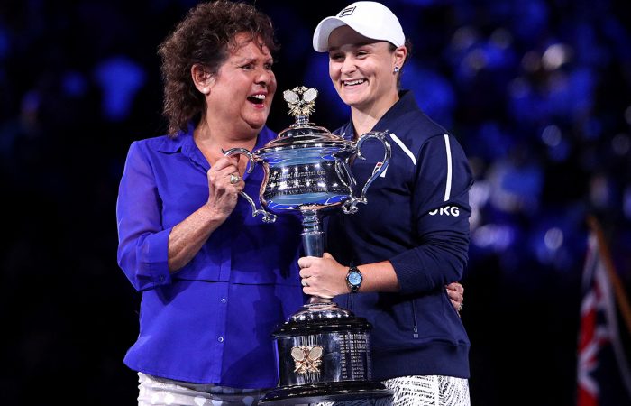 Evonne Goolagong Cawley presents Ash Barty with her Australian Open 2022 title. Picture: Getty Images Evonne Goolagong Cawley presents Ash Barty with her Australian Open 2022 title. Picture: Getty Images