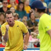 Australian Davis Cup captain Lleyton Hewitt encourages Alex de Minaur  during the 2022 Davis Cup Qualifier between Australia and Hungary; Getty Images 