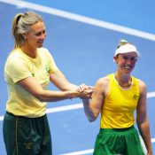 Storm Hunter is congratulated by Australia Billie Jean King Cup captain Alicia Molik; Getty Images 