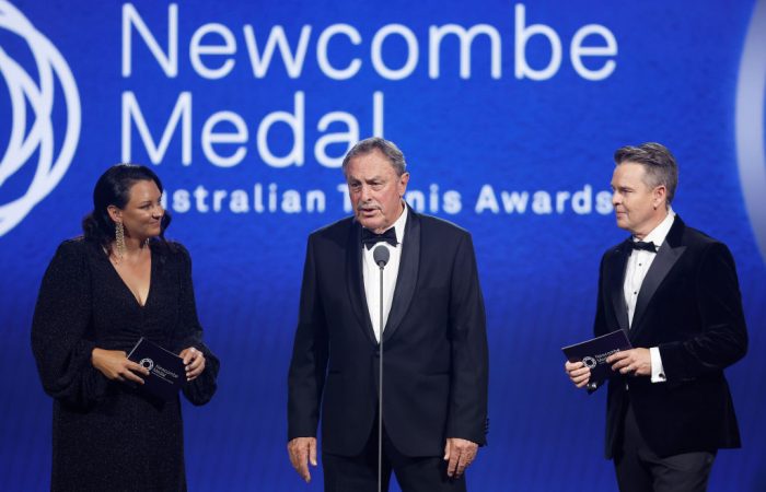 Casey Dellacqua, John Newcombe and Todd Woodbridge on stage at the 2023 Australian Tennis Awards. Picture: Getty Images Casey Dellacqua, John Newcombe and Todd Woodbridge on stage at the 2023 Australian Tennis Awards. Picture: Getty Images