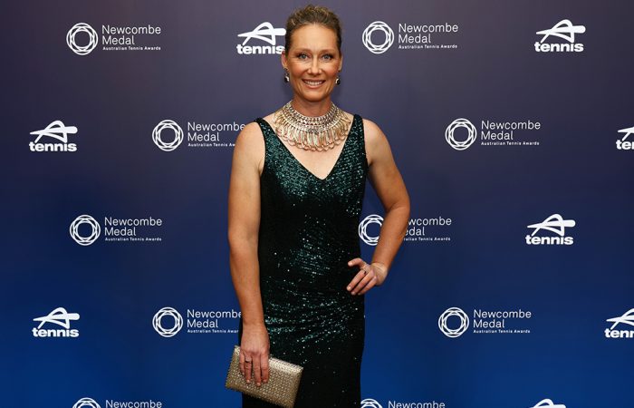 2024 Newcombe Medal Sam Stosur on the blue carpet for 2024 Newcombe Medal at Crown Palladium in Melbourne. Photo: Getty Images