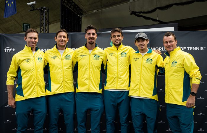  John Peers, Matthew Ebden, Thanasi Kokkinakis, Aleksandar Vukic, Alex de Minaur, and captain Lleyton Hewitt in Stockholm for Australia's Davis Cup Qualifier tie against Sweden. Photo: Getty Images