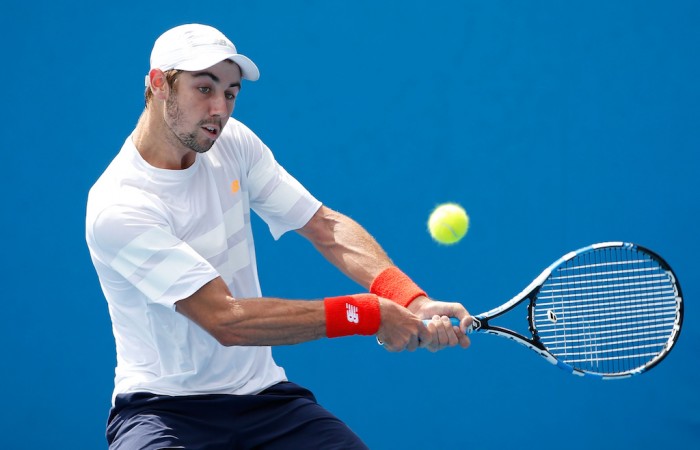 2016 Australian Open - Day 2 MELBOURNE, AUSTRALIA - JANUARY 19: Jordan Thompson of Australia plays a backhand in his first round match against Thomaz Bellucci of Brazil during day two of the 2016 Australian Open at Melbourne Park on January 19, 2016 in Melbourne, Australia. (Photo by Darrian Traynor/Getty Images)