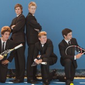 Bond-inspired: (L-R) Thanasi Kokkinakis, Ben Mitchell, Luke Saville, Harry Bourchier and Jacob Grills at Melbourne Park; Emily Mogic.