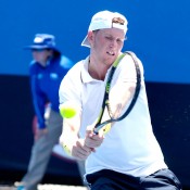 Harry Bourchier plays a backhand en route to victory in the semifinals of the 2014 18/u Australian Championships at Melbourne Park; Getty Images