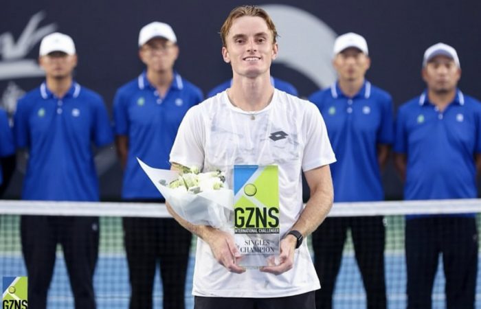 Tristan Schoolkate celebrates winning his first ATP Challenger singles title. Tristan Schoolkate celebrates winning his first ATP Challenger singles title.